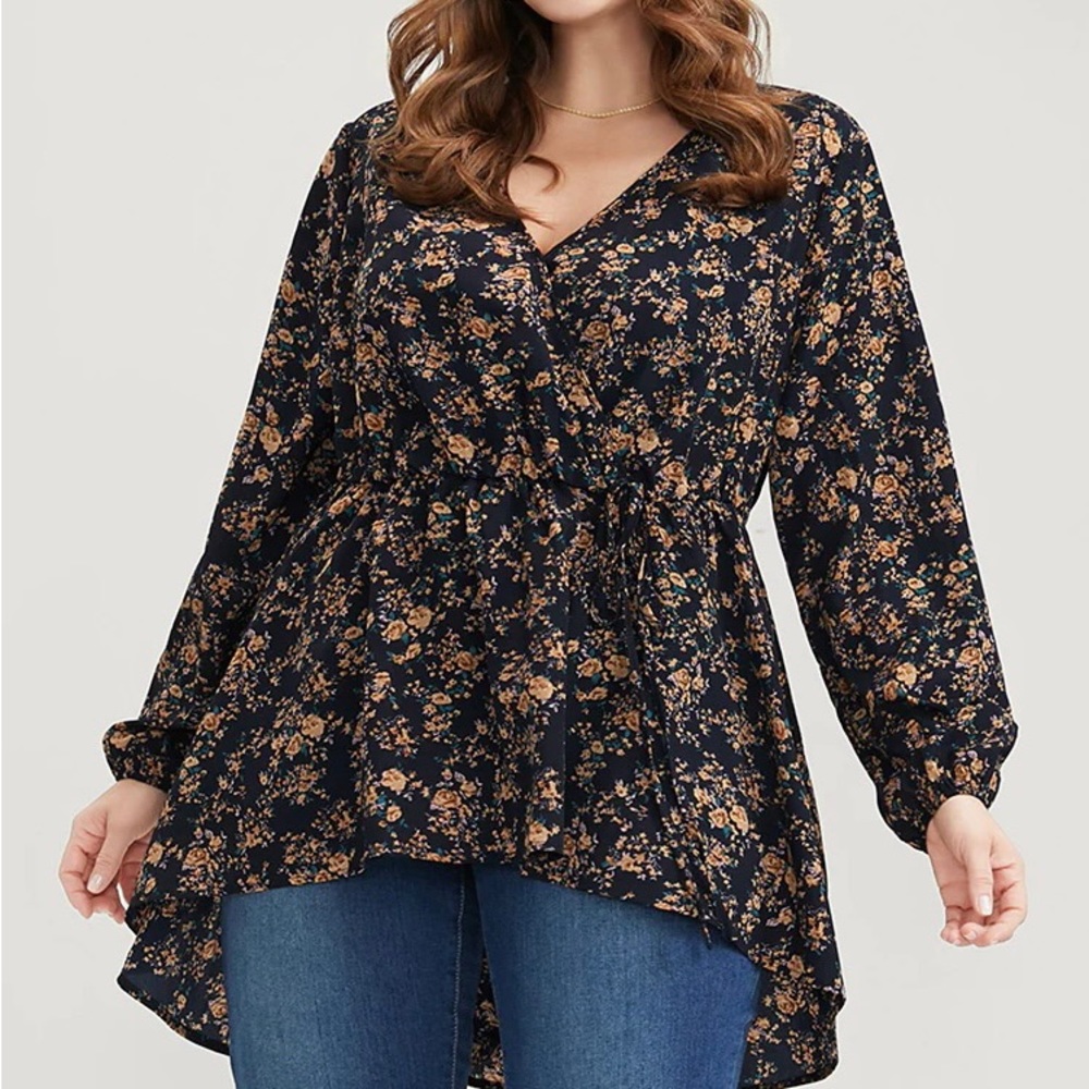 Floral V-Neck Peplum Blouse - Black/Beige